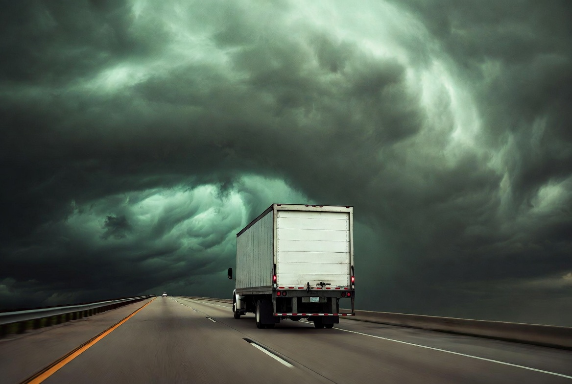 Moving truck during Florida hurricane season with storm clouds in the background