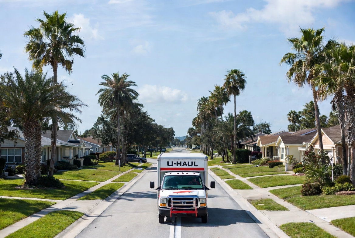 Palm-tree-lined Florida street welcoming newcomers on a sunny day